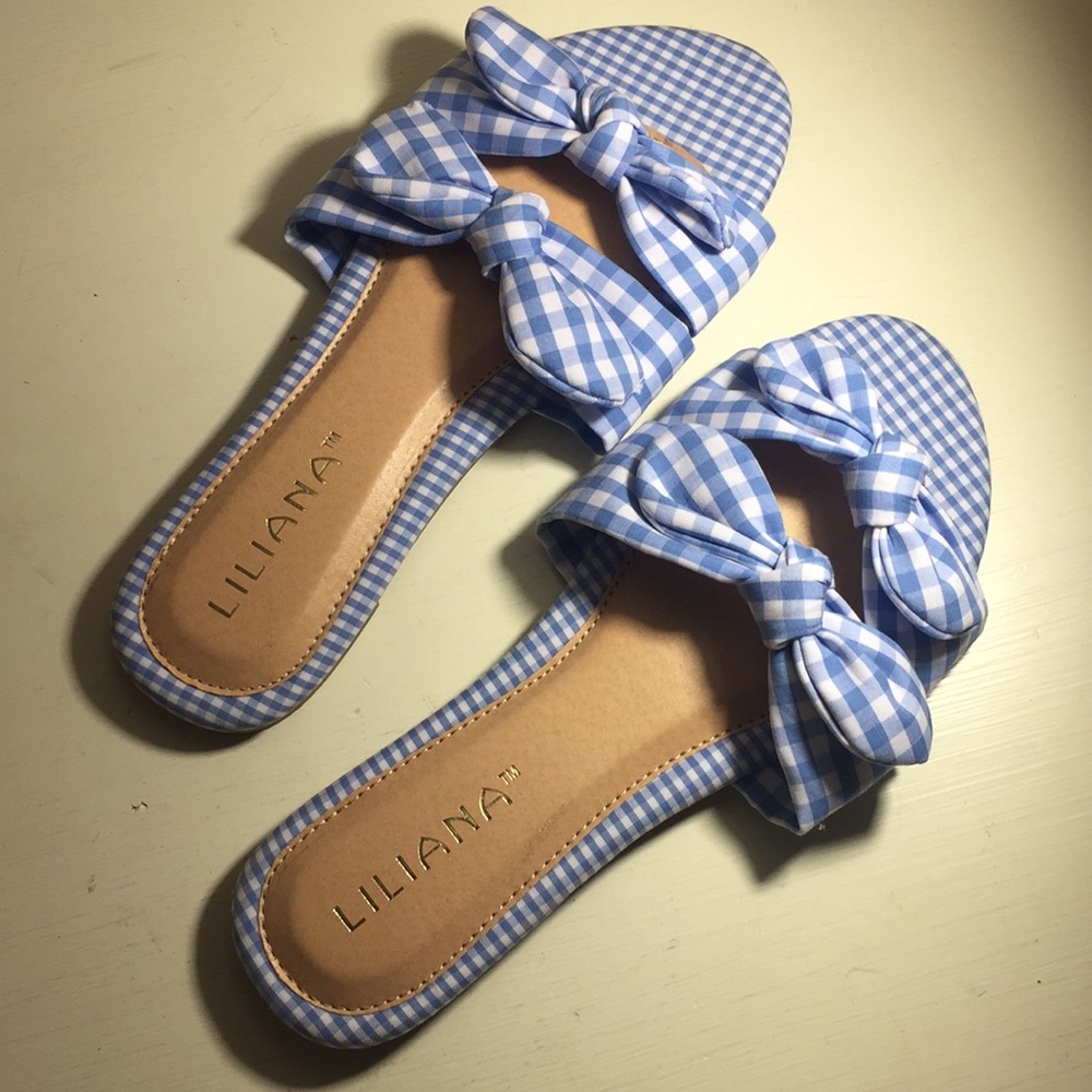 Liliana Gingham Bow Slide Flat Sandal, size 7